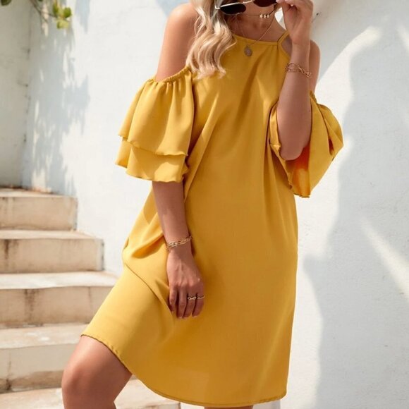 Shein Ruffle Cold Shoulder Dress Mustard Yellow - Picture 13 of 15